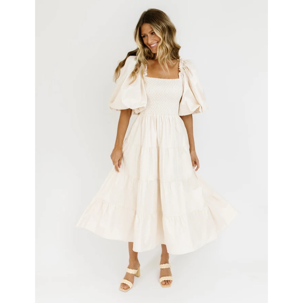 Shop Zoco scout puff sleeve midi dress smocked M cream